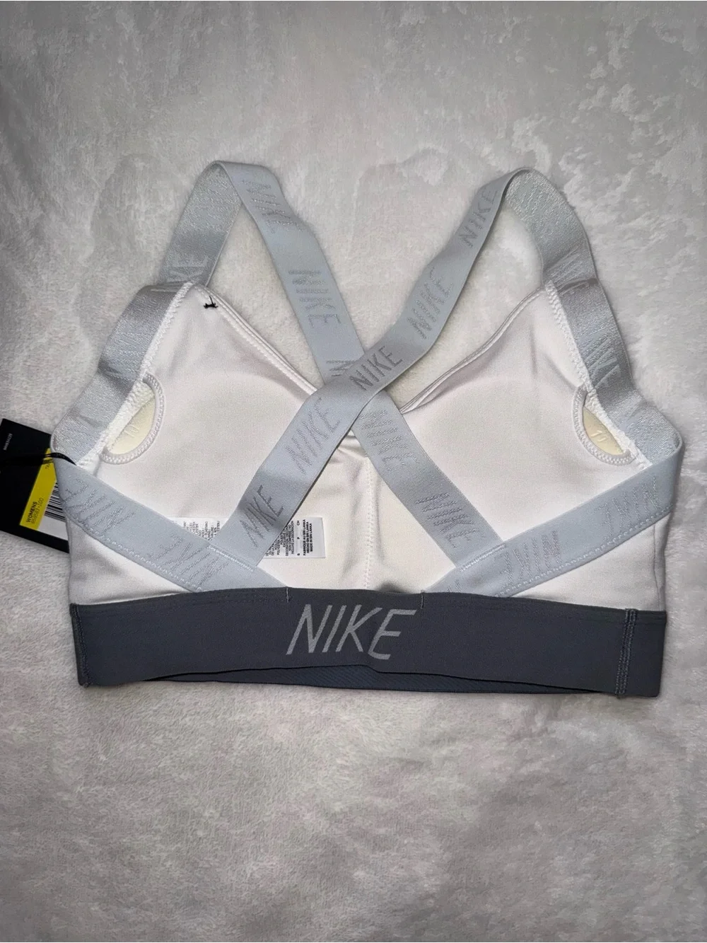 Nike White and Gray Cross-Back Logo Sports Bra